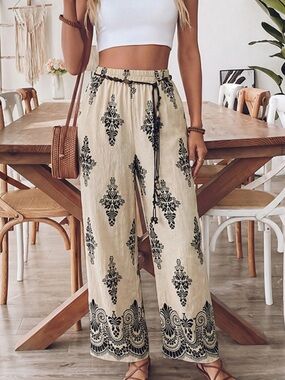 ♥️Hello Gorgeous! Boho Print Wide Leg Pants-Beige